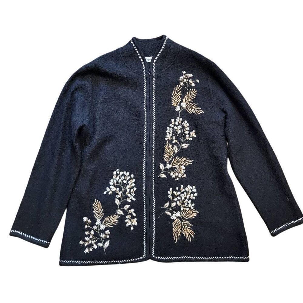 Vintage Coldwater Creek Jacket Women's 1X Black Boiled Wool Beaded Embroidered